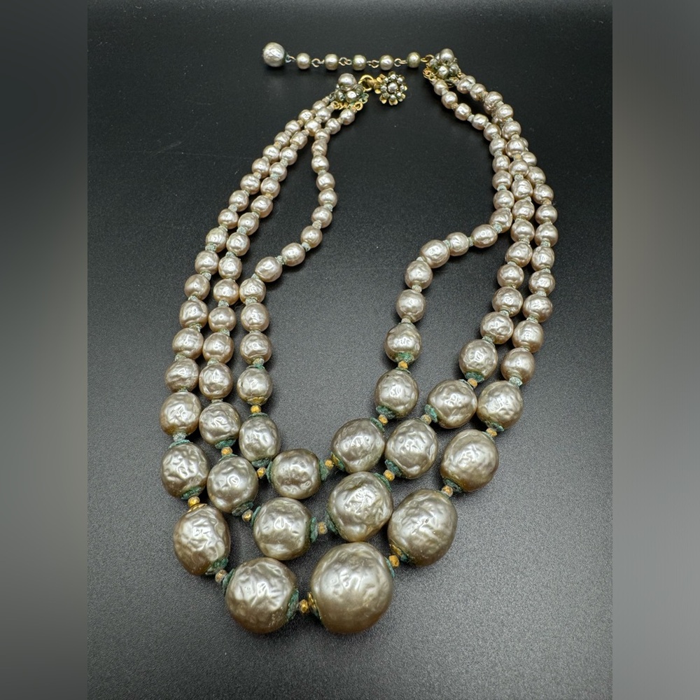 Vintage signed MIRIAM HASKELL Pearls Three Strand Necklace 13'' with 2.5“ extend